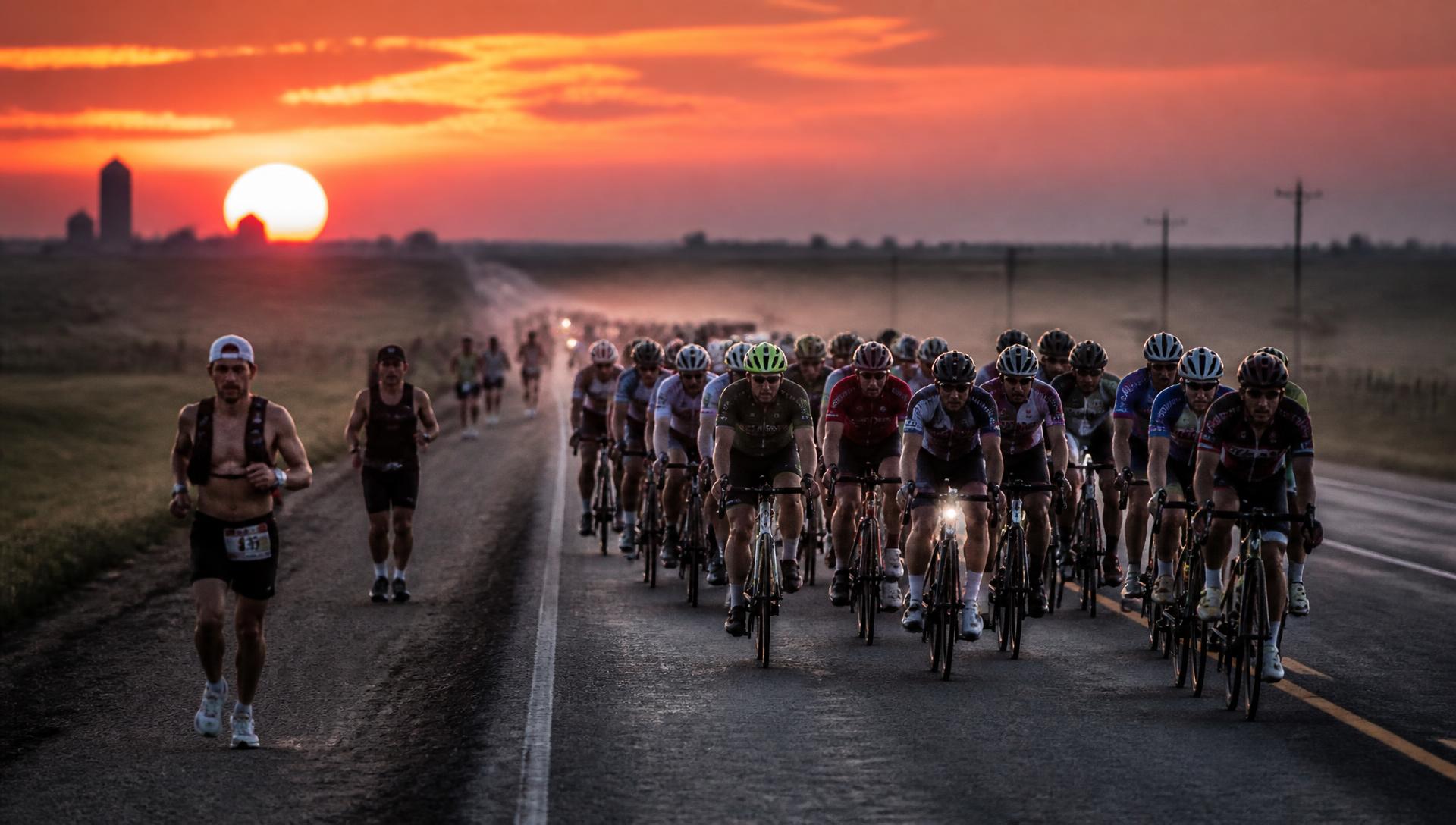 Runners and a pack of road cyclists on an open Texas road at sunrise