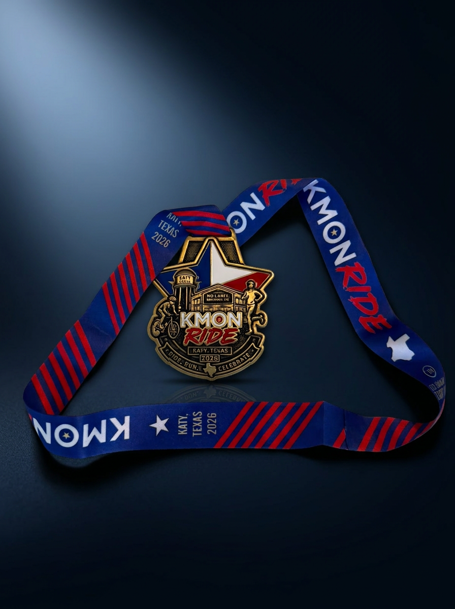 Gold finisher medal on a navy and red ribbon against a black background
