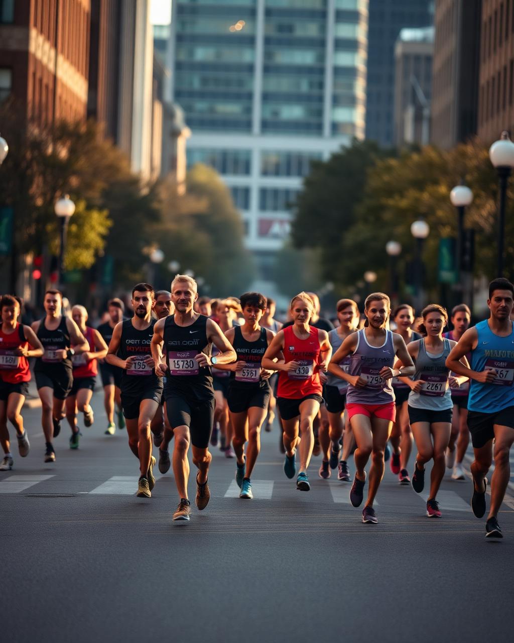 Pack of runners racing along a city street at sunrise